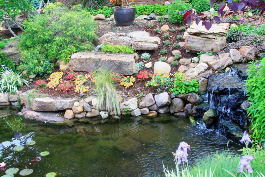A pond and waterfall in a backyard