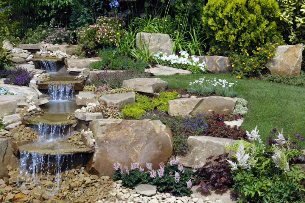 a backyard waterfall over 5 stone layers