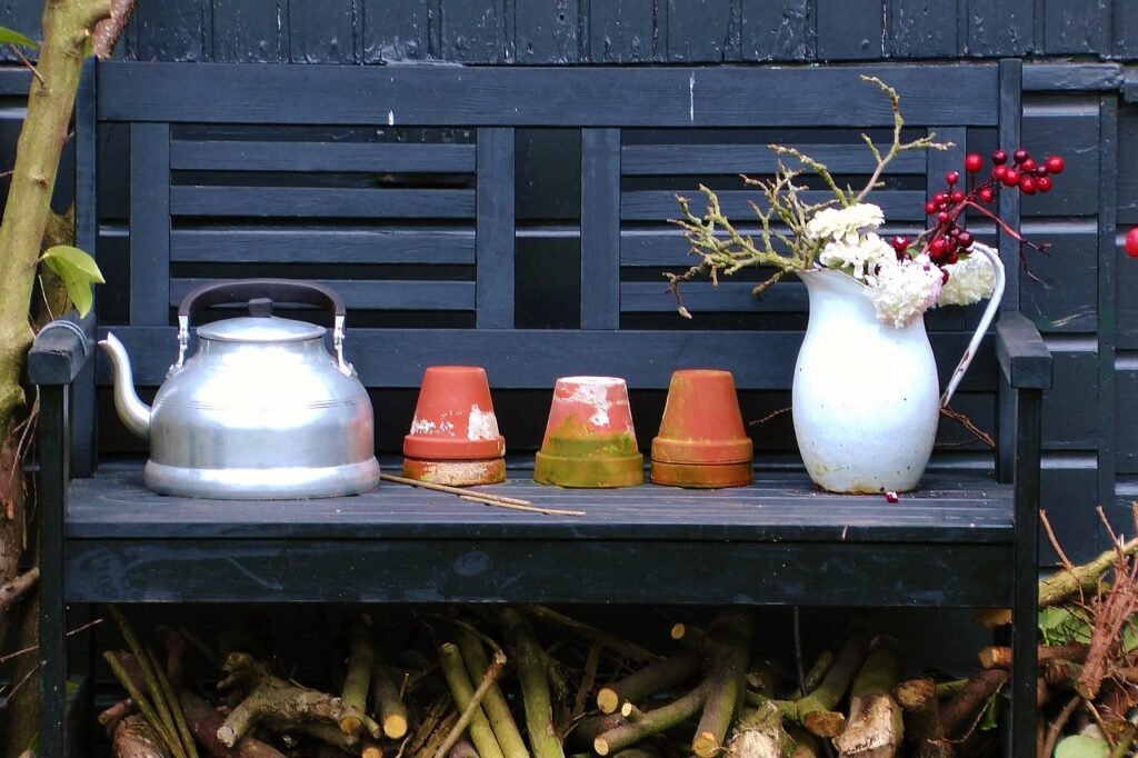 Gardening bench with flowers and planters