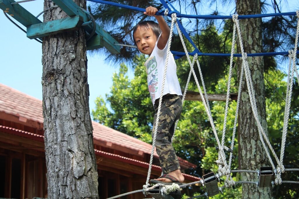 child playing on outdoor playground equipment