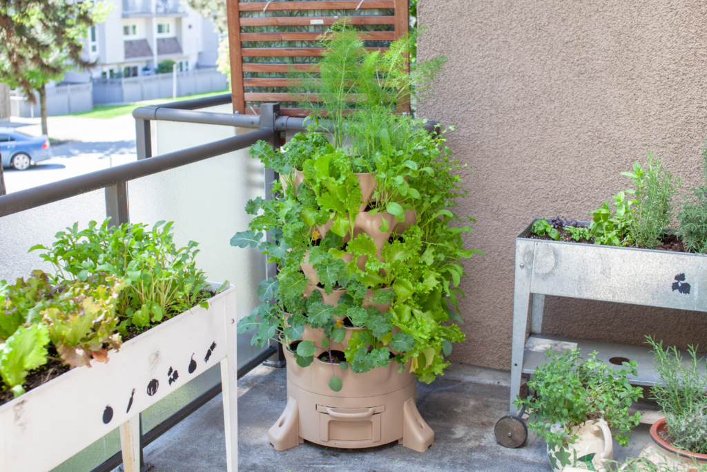 Apartment patio garden with vertical planters