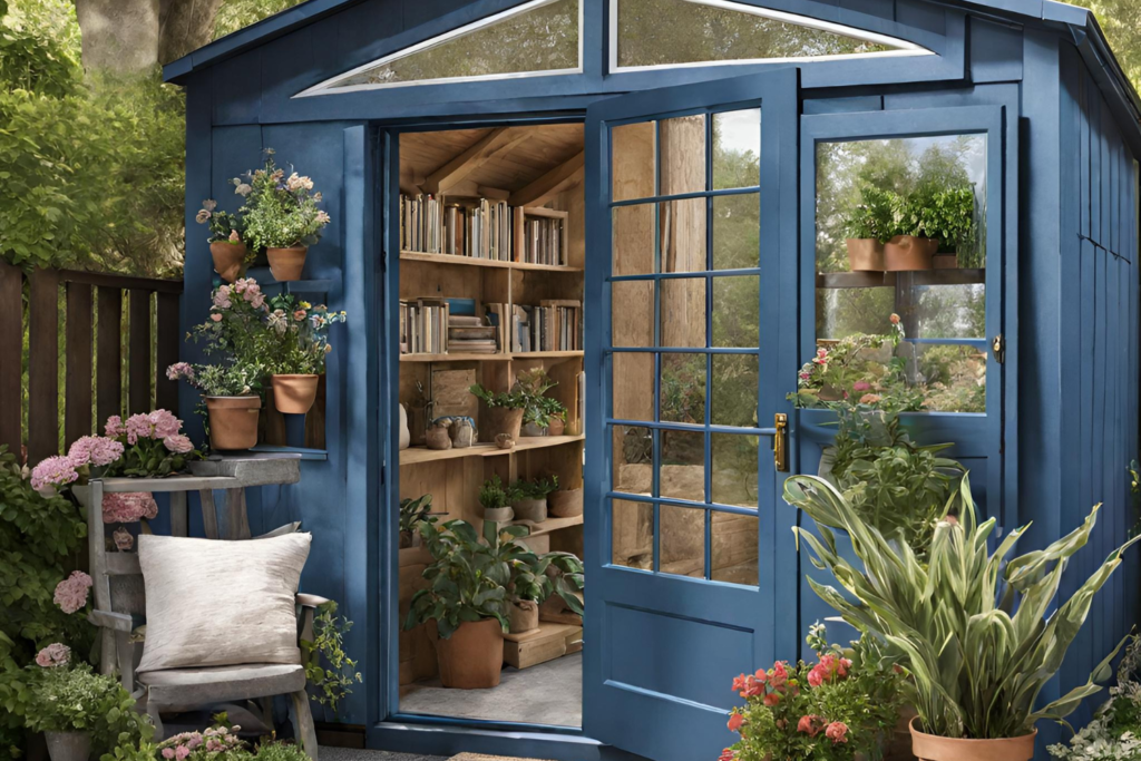 A blue shed with glass windows surrounding it and books on the inside and bushes around the outside and books on shelves inside and decorated as a she shed.