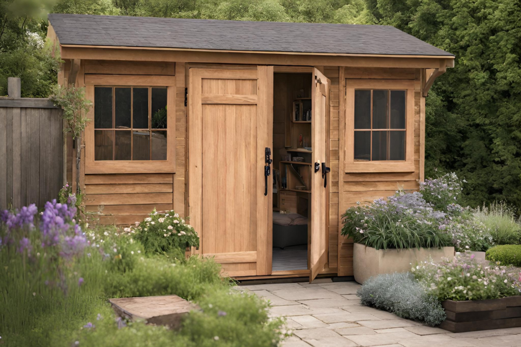 Wooden shed with windows and double doors open with bushes surrounding the shed.