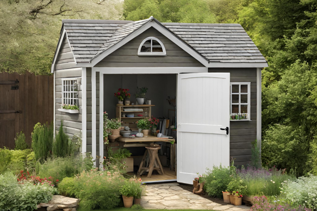 A gray grey shed with a white door and windows with the door propped open and bushes around it.