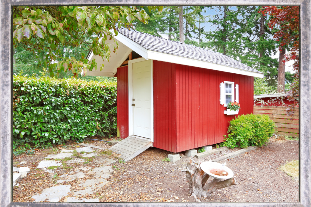 Red shed white door backyard