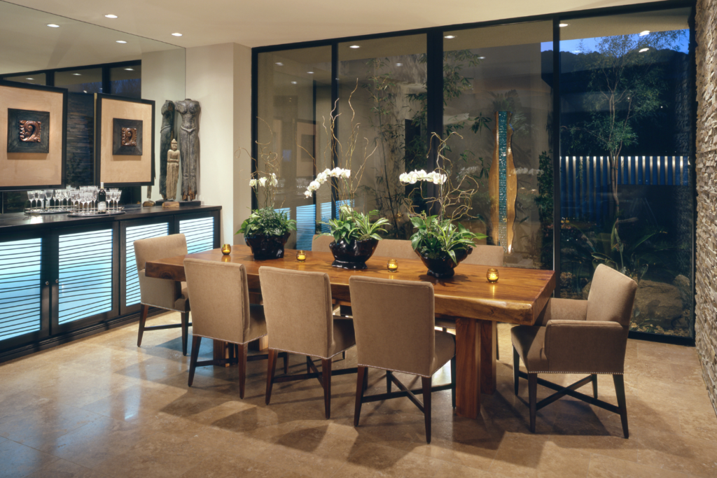 Earthy tones dining room large sliding glass door