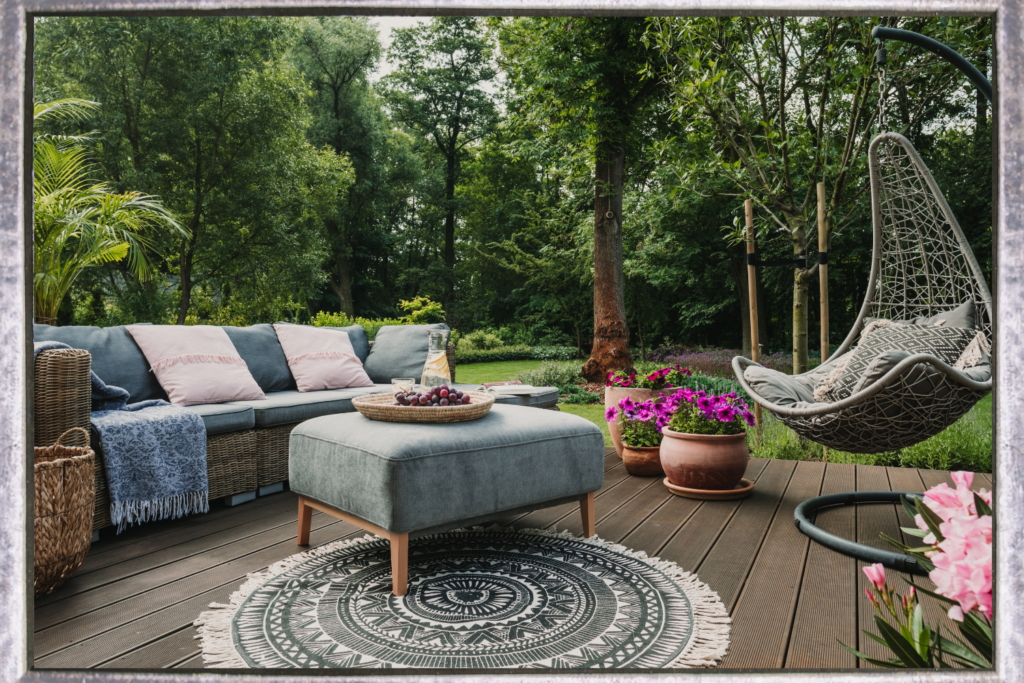 patio seating swing and rug