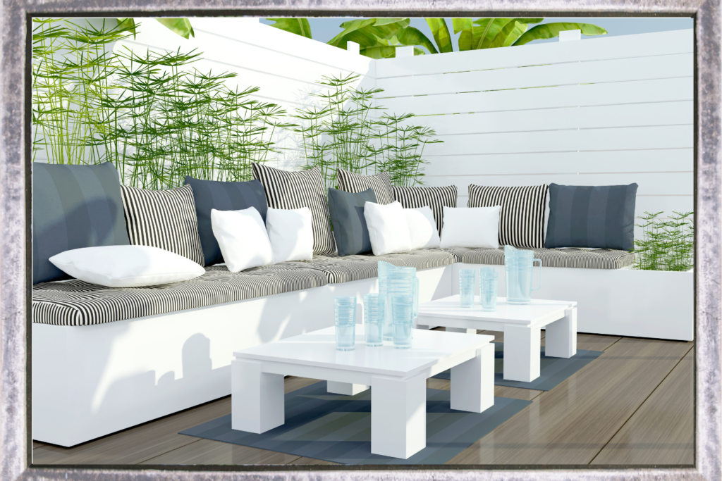 Clean white patio seating