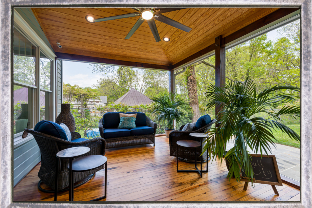 Natural wood patio with ceiling fan