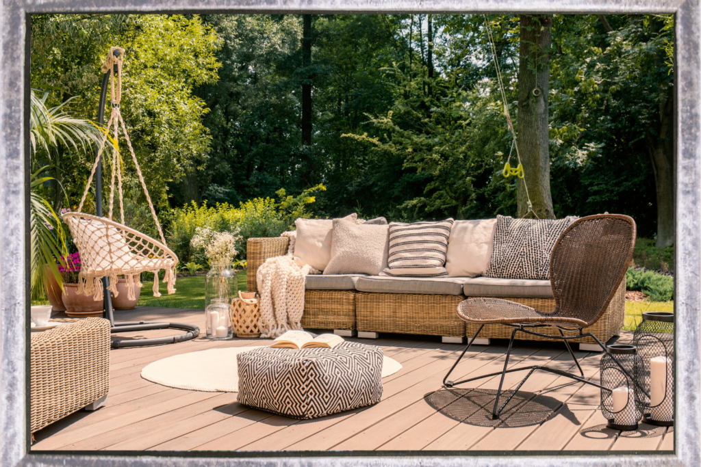 Neutral outdoor furniture set and hanging chair