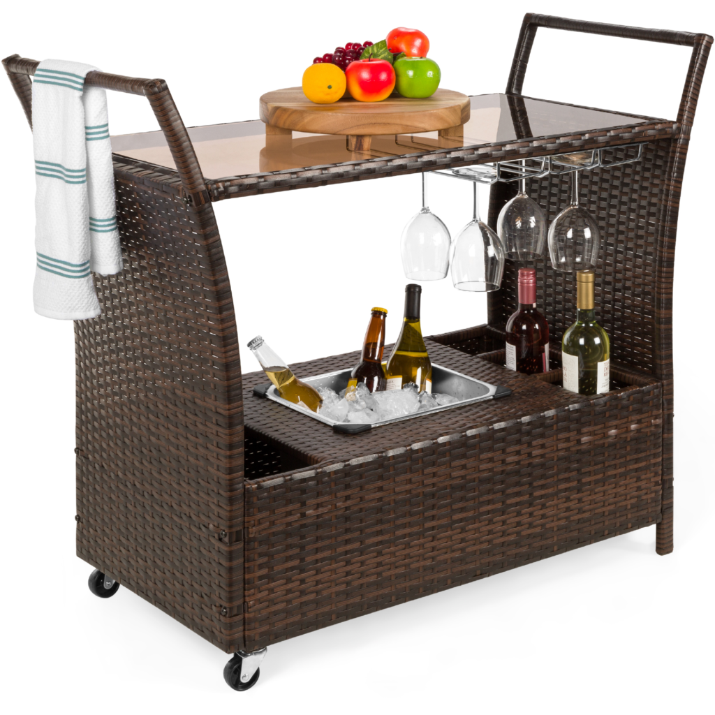 wicker outdoor rolling bar cart