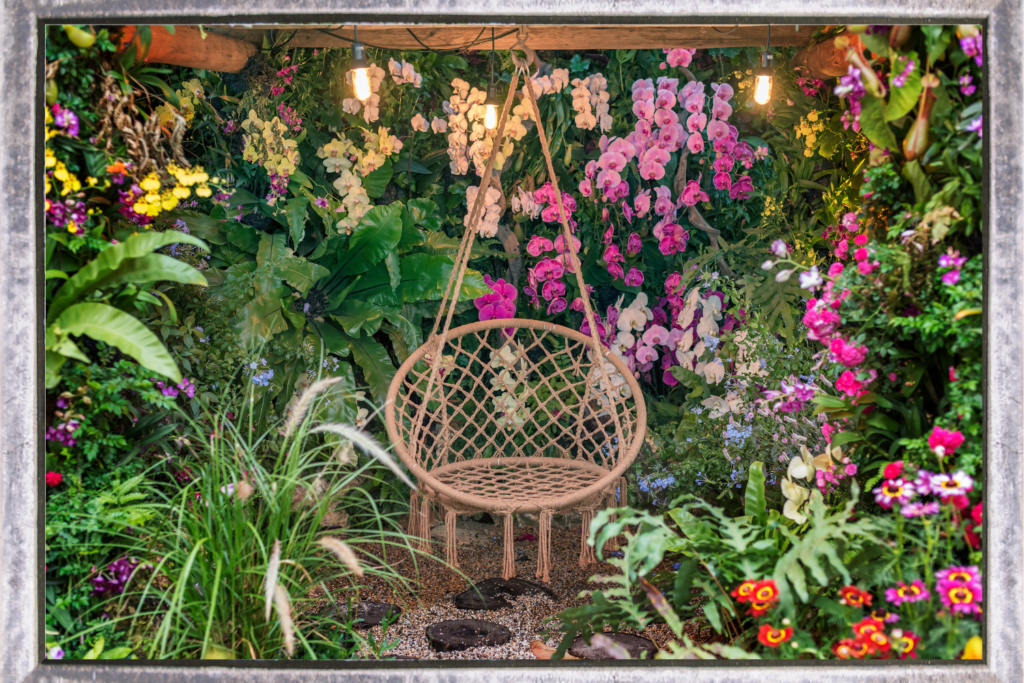 flower garden with swinging chair