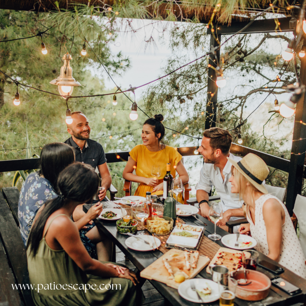 3 couples eating on a patio